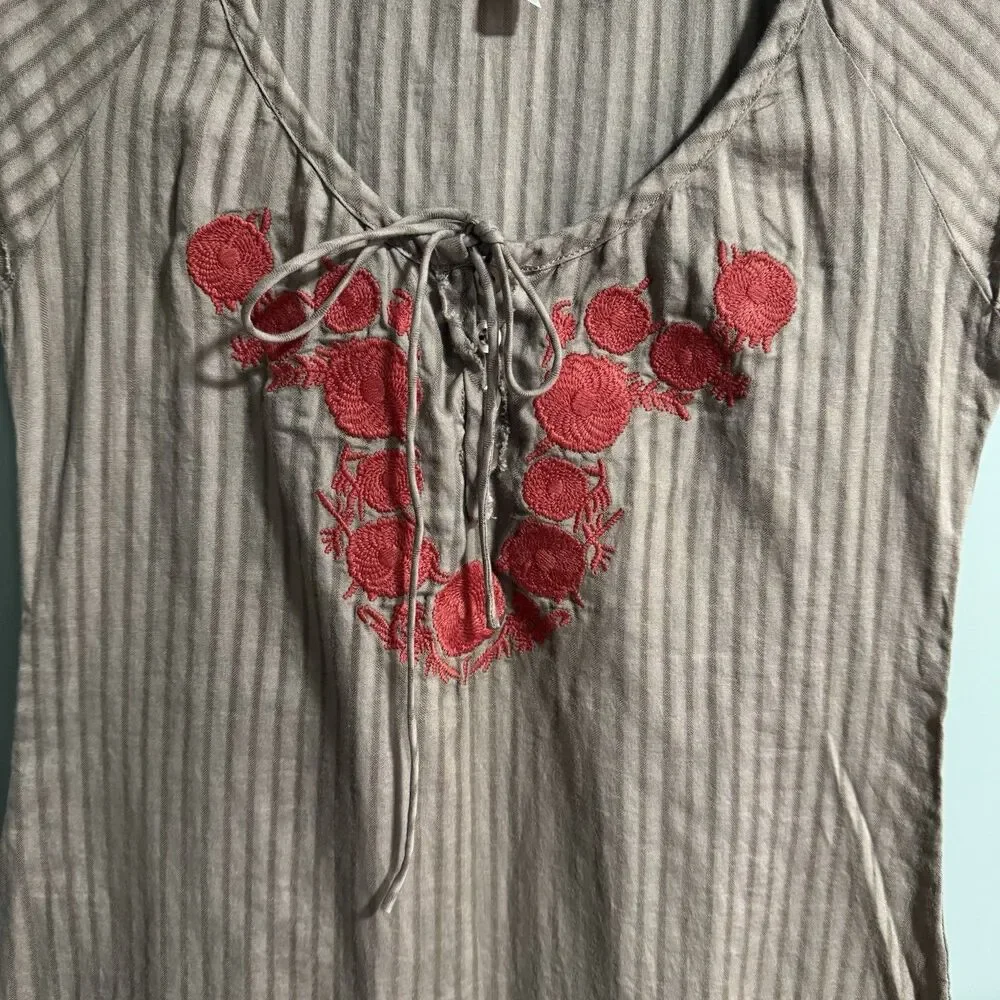 Free People Women Embroidered Scoop Neck Short Sleeve Stripe Top Brown 0 Boho - Picture 2 of 6